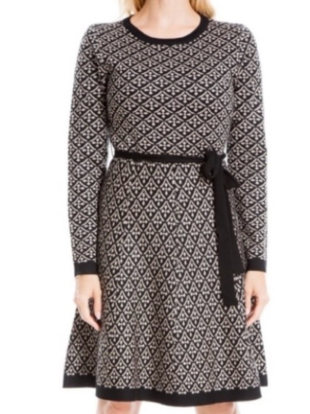 MAX STUDIO Geometric Print Long Sleeve Fit & Flare Belted Knit Sweater Dress S